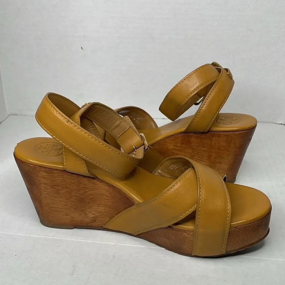 Tory Burch Almita Tan leather ankle strap wedge Sandals